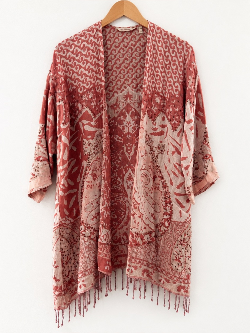 Soft Surroundings Boho Kimono Cardigan Fringe Tassel Open Front Pink S/M